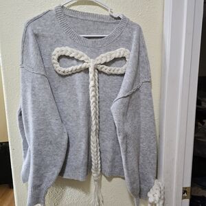 Gray Sweater with Braided Bow Detail